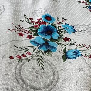 VTG Blue Floral Lace Trim Tablecloth Baroque Texture Satin 62x90” Rectangle Boho